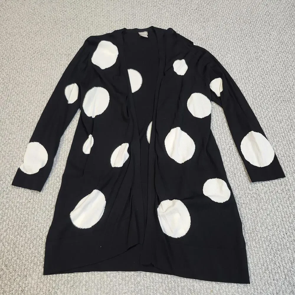 Chico's Black Cardigan with Large White Polka Dots, Size 2P - Picture 1 of 9